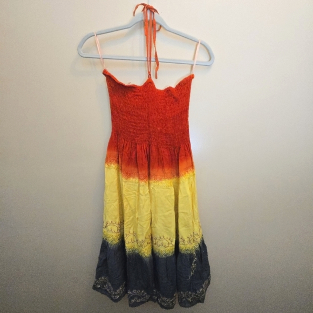 Vtg Rainbow Ombre Tie Dye Hippie Sun Dress Free Size Convertible Halter Straples